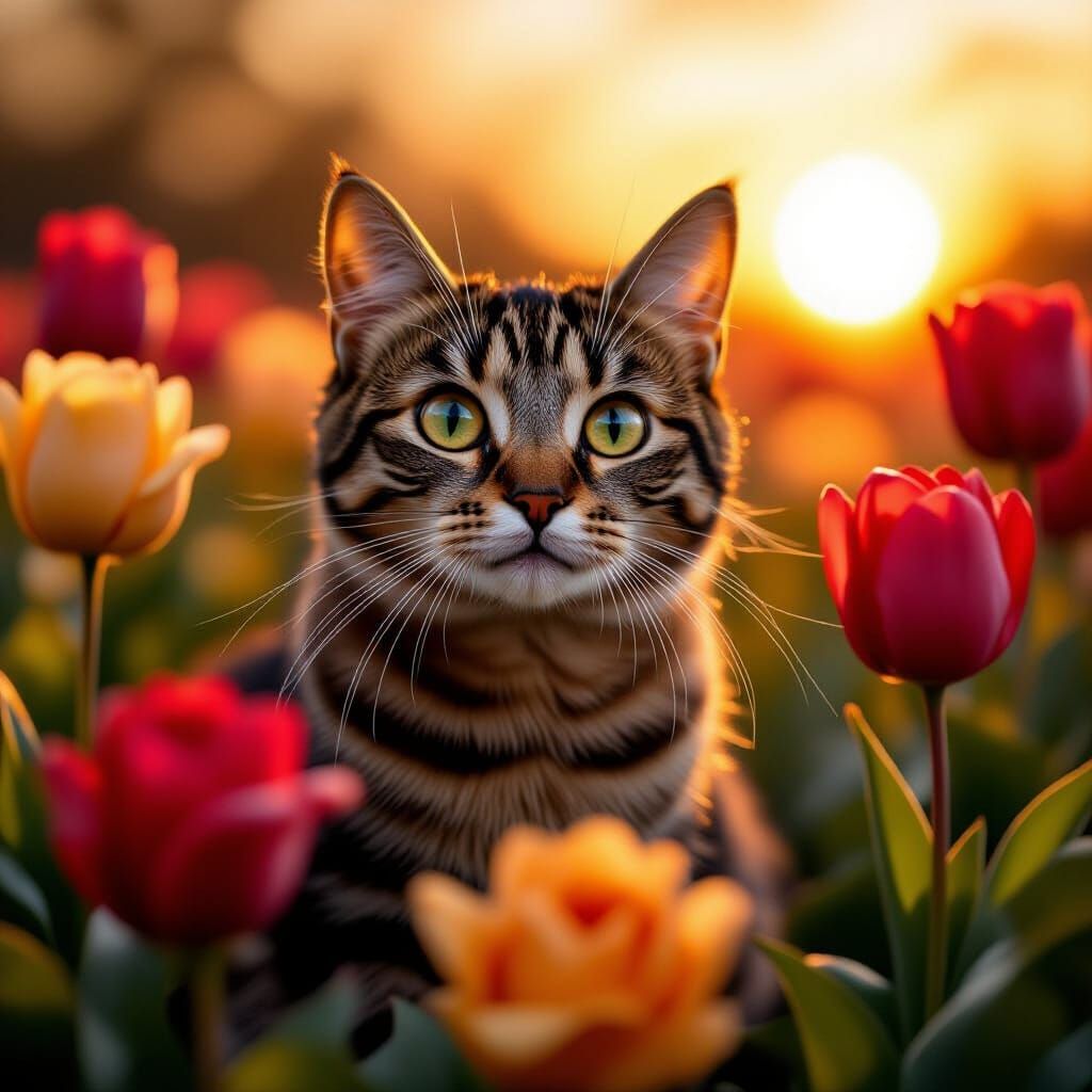Whimsical Cat Surrounded by Autumn Flowers at Sunset