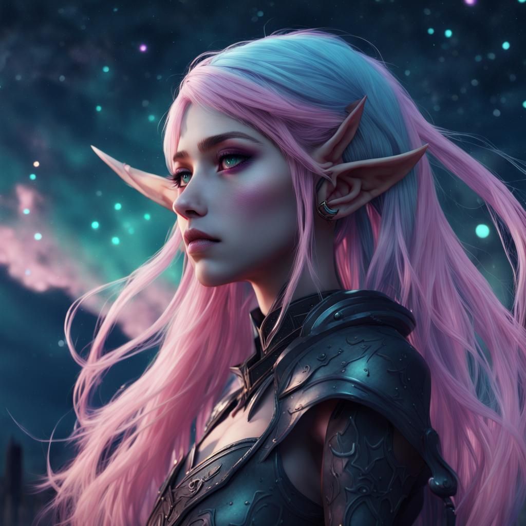 Anime Dark Elf with Pastel Starry Night Sky