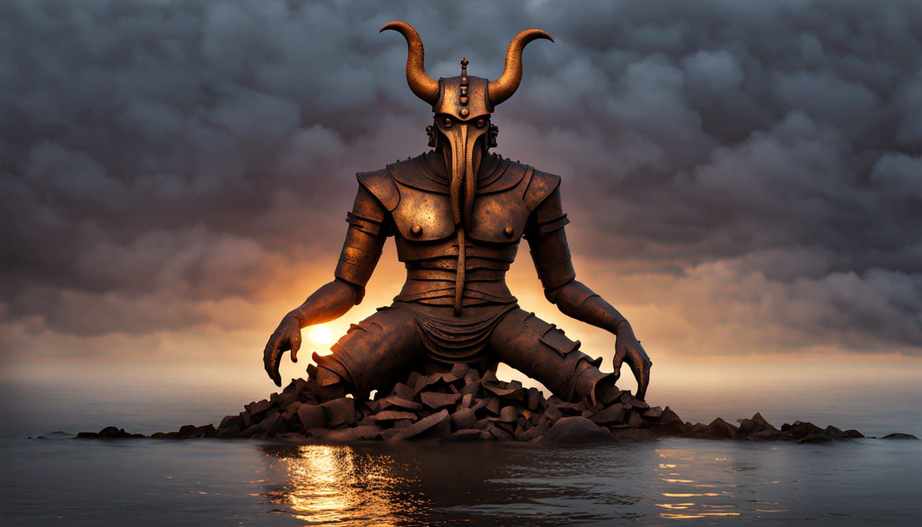 Photorealistic Steel Moloch Idol by the Sea