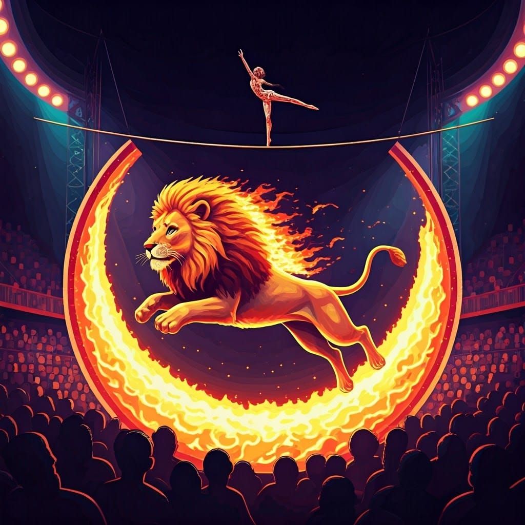 Pixelated Lion Leaps Through Flaming Hoop