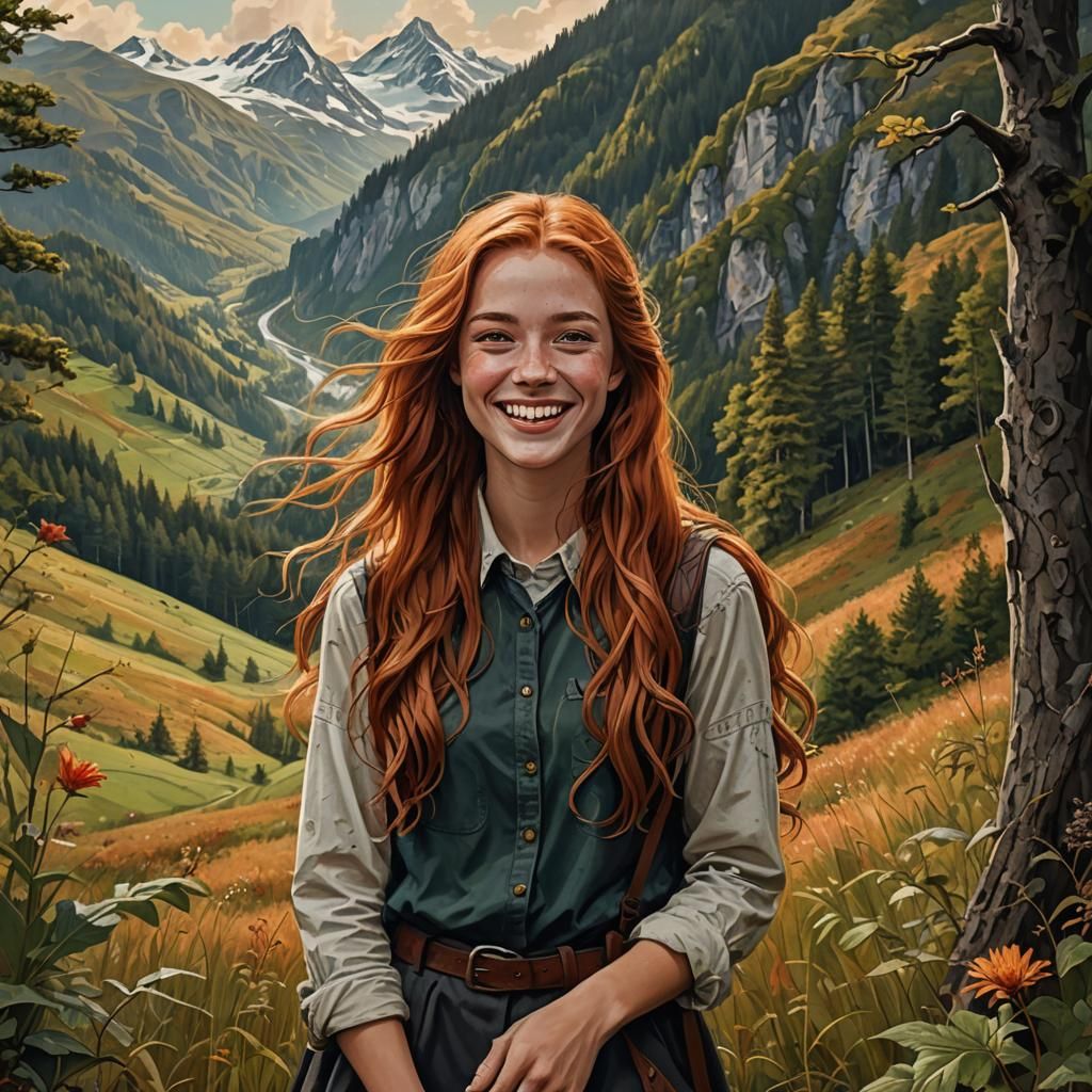 Freckled Redhead Portrait in a Field, Detailed Matte Paintin...