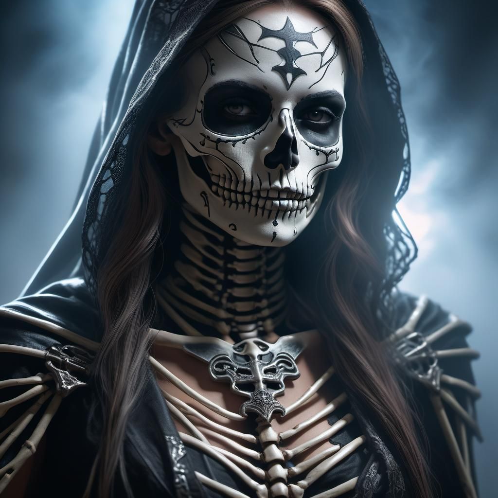 Female Necromancer with Skeleton Face in Cyberpunk Style