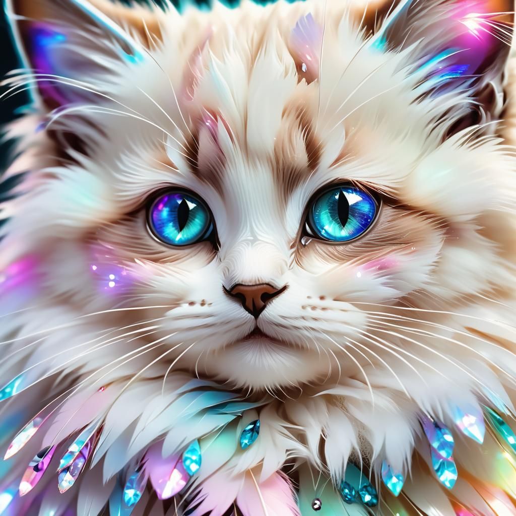 Anime Kitten Portrait with Diamonds and Feathers