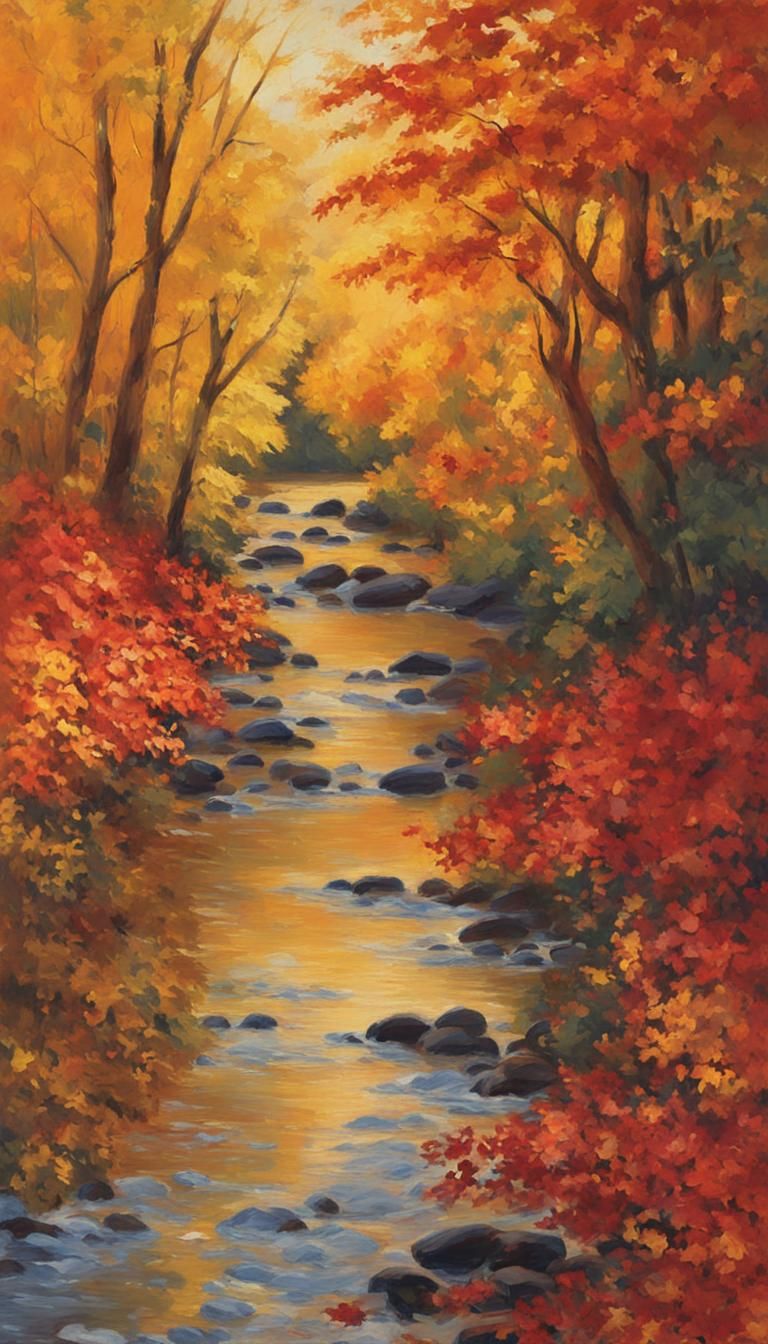 Golden Autumn Forest Path in Impressionistic Style