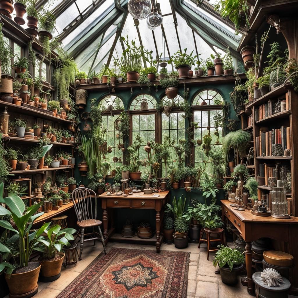 Magical Maximalist Wizard's Greenhouse Interior in 8K