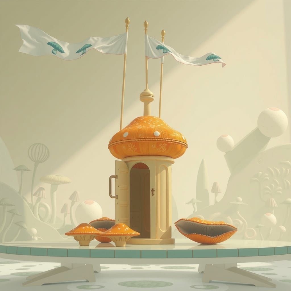 Surreal Mushroom Convention in Whimsical, Linocut-Inspired S...