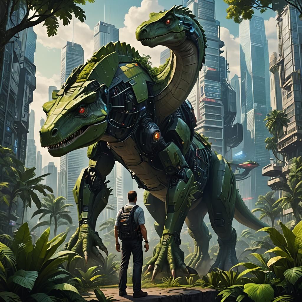 Cyberpunk Dinosaur in Futuristic Jungle