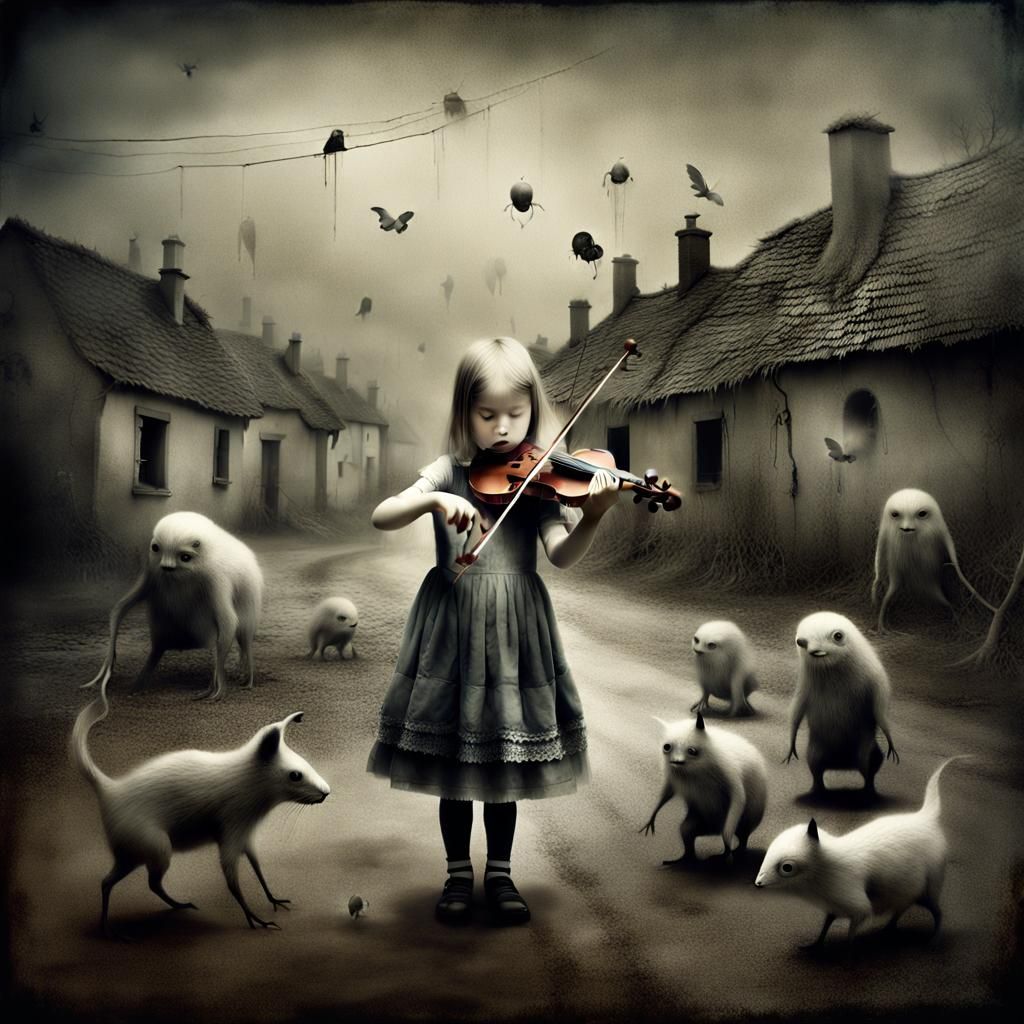 Surreal Girl's Violin Performance in an Eerie Village