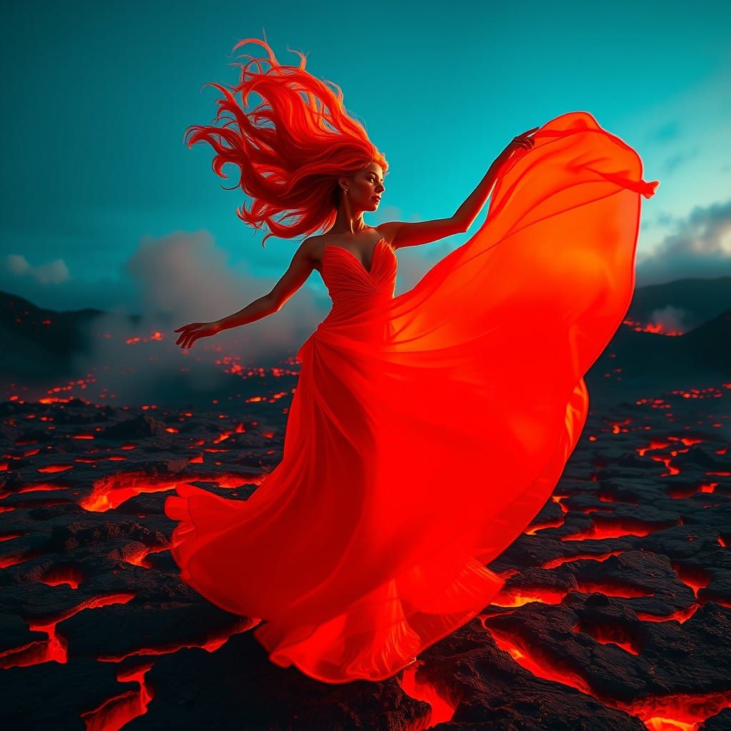 Radiant Woman Dances Amidst Volcanic Landscape in Vibrant Re...