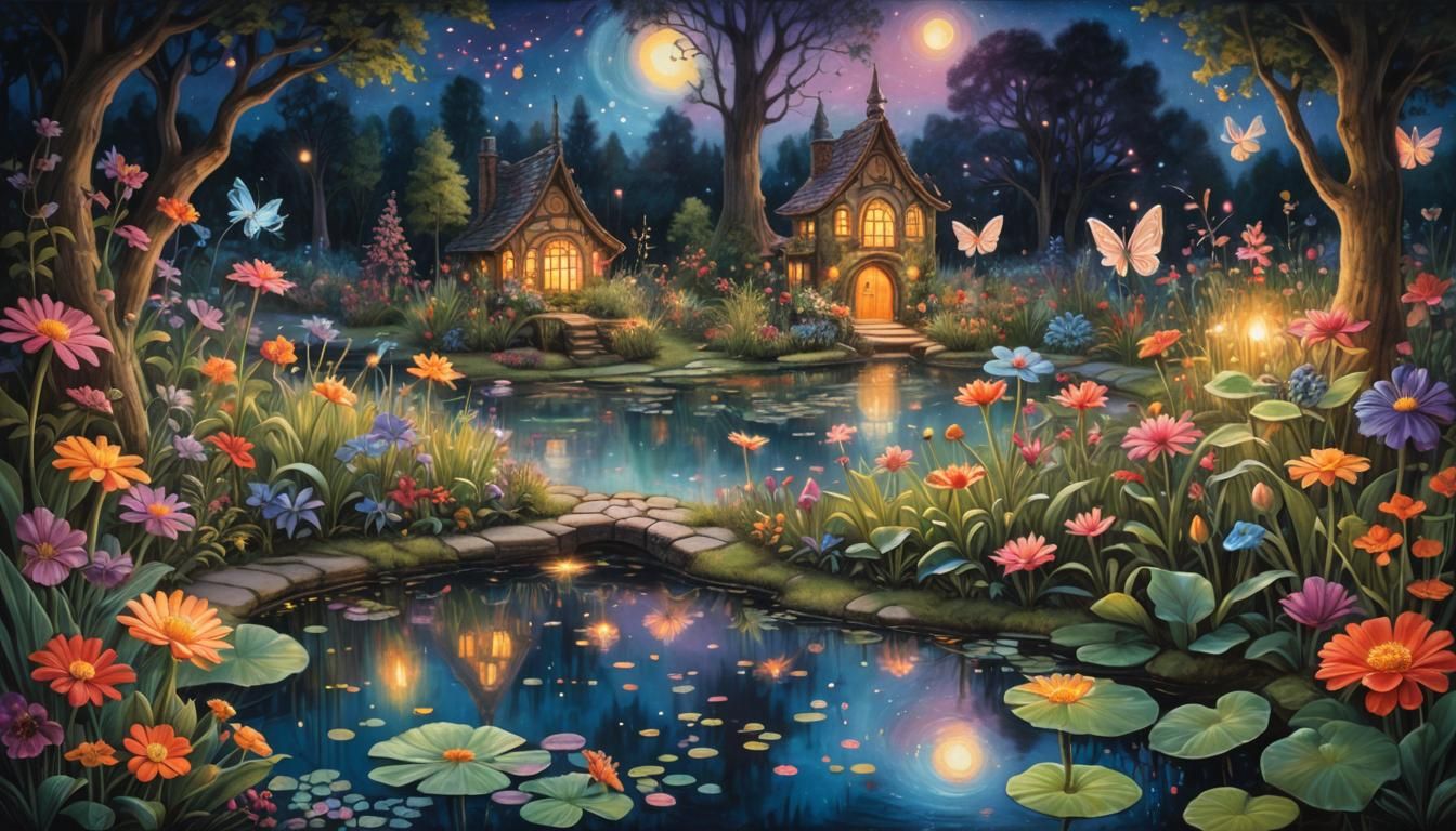 Chalk Art Garden at Twilight with Fairies