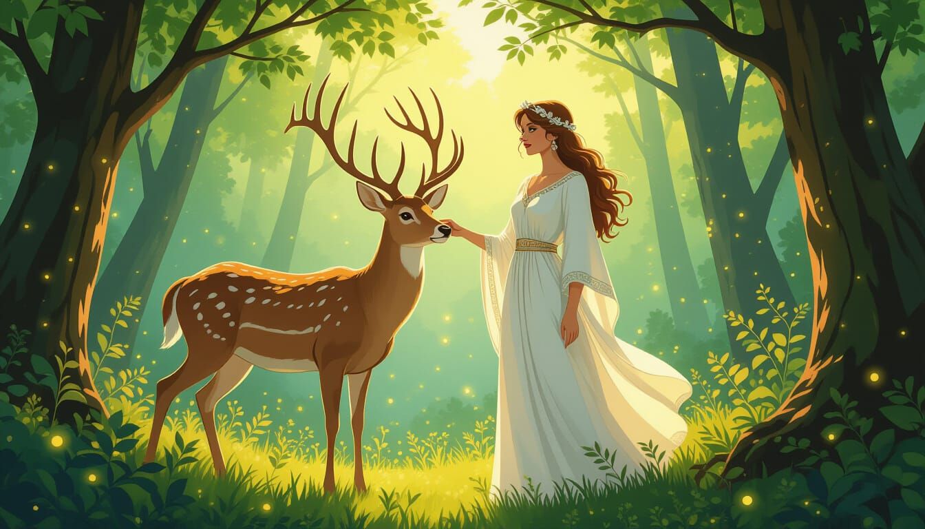 Diana and Mystical Deer in Forest, Golden Age Illustration
