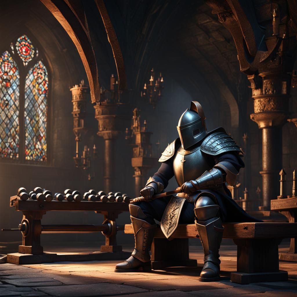 Knight Lifting Weights in Medieval Dungeon Gym