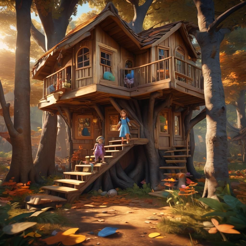 Girls' Treehouse Fun in Vibrant 3D Style