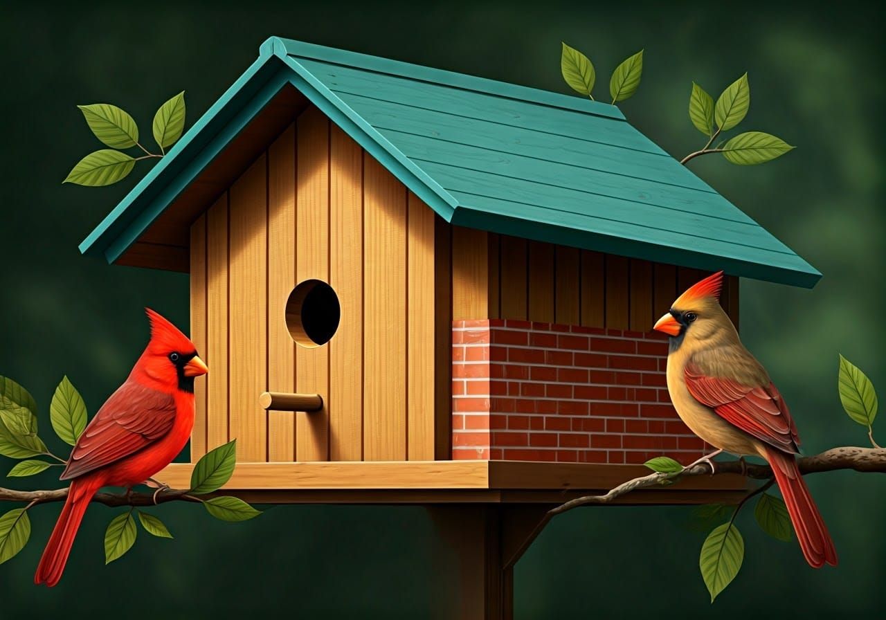 Mid-Century Modern Birdhouse with Cardinals