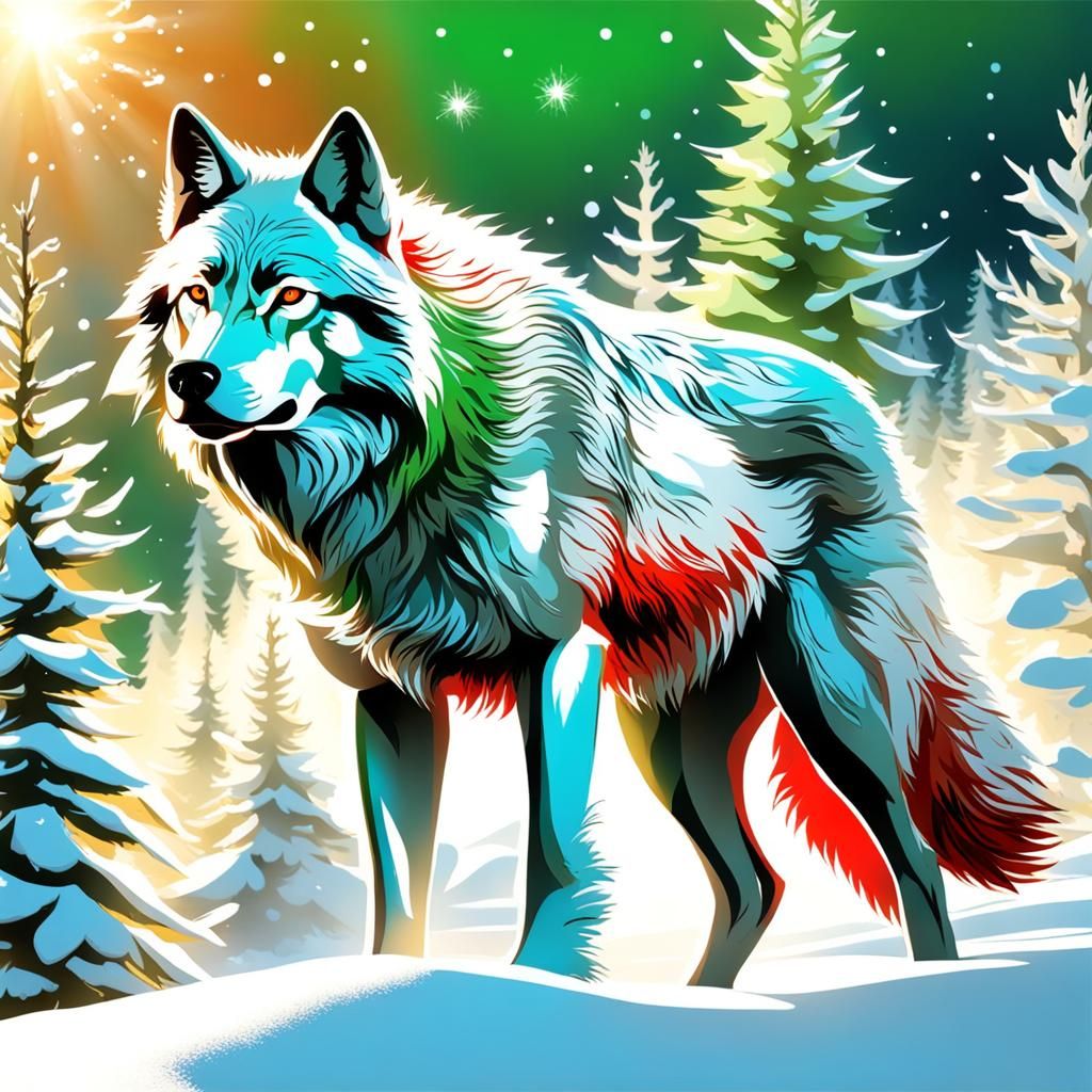 Magical Golden Hour: Red, White, and Green Wolf