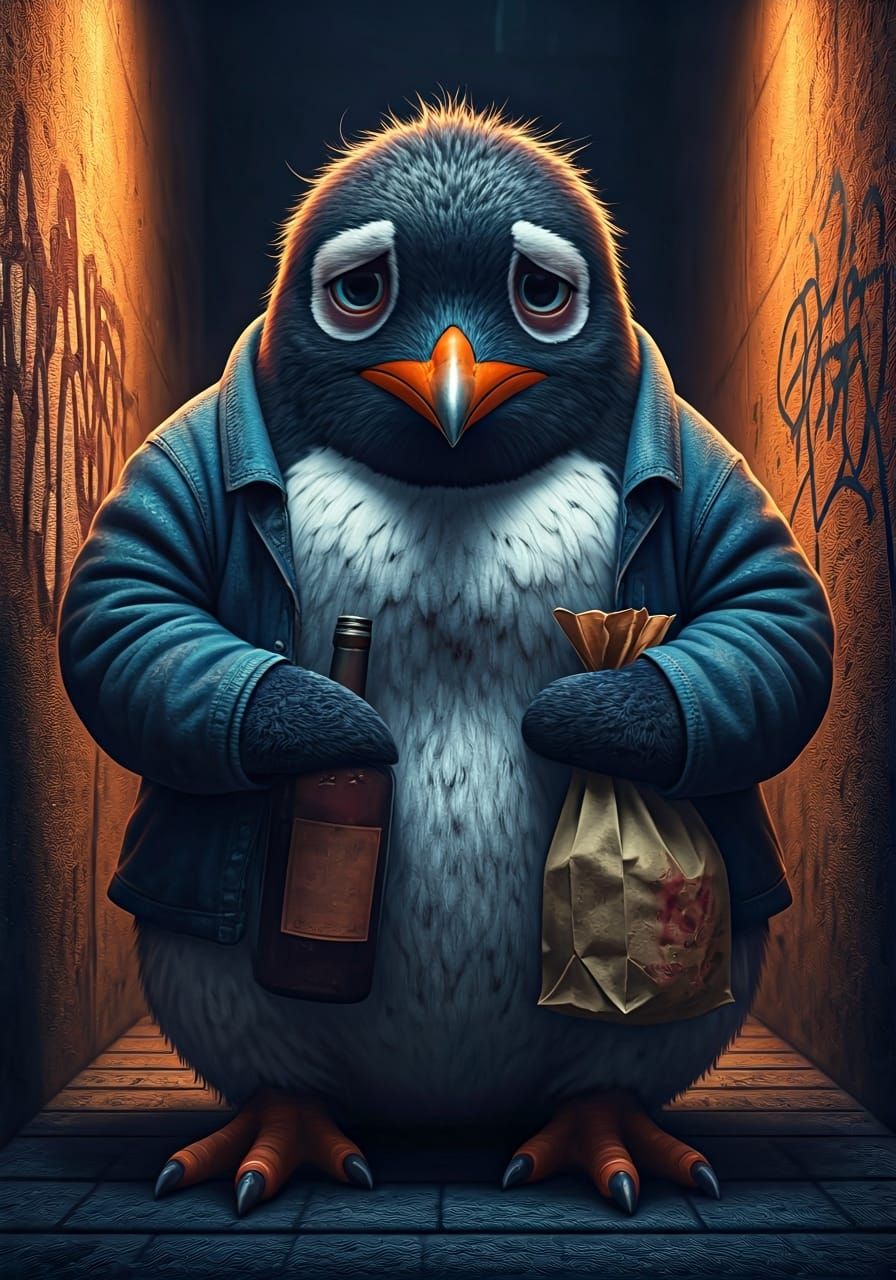 Sad Penguin Alcoholic in Gritty Photorealistic 3D