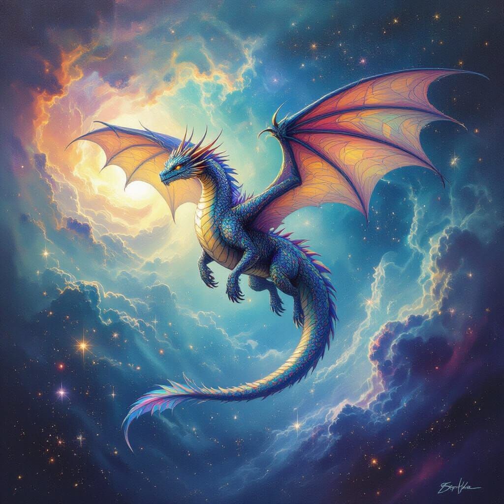 Dragon Soaring Through Cosmic Nebula in Surreal Dreamscape