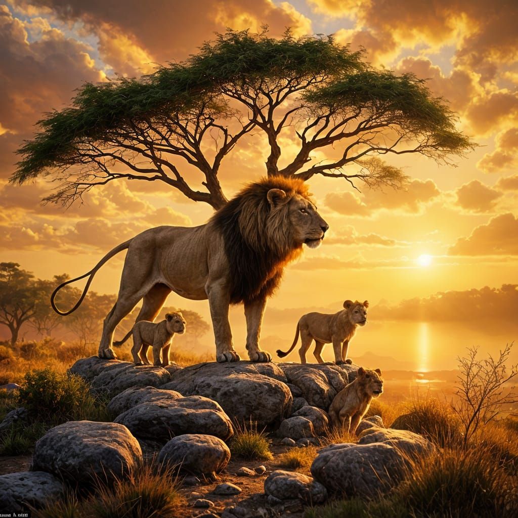 Lion Family Portrait in African Savannah