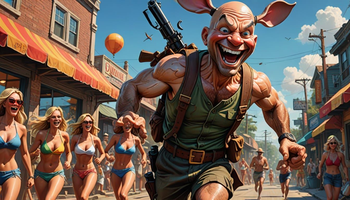 Elmer Fudd-Like Hunter Pursues Bikini-Clad Women in Vibrant ...