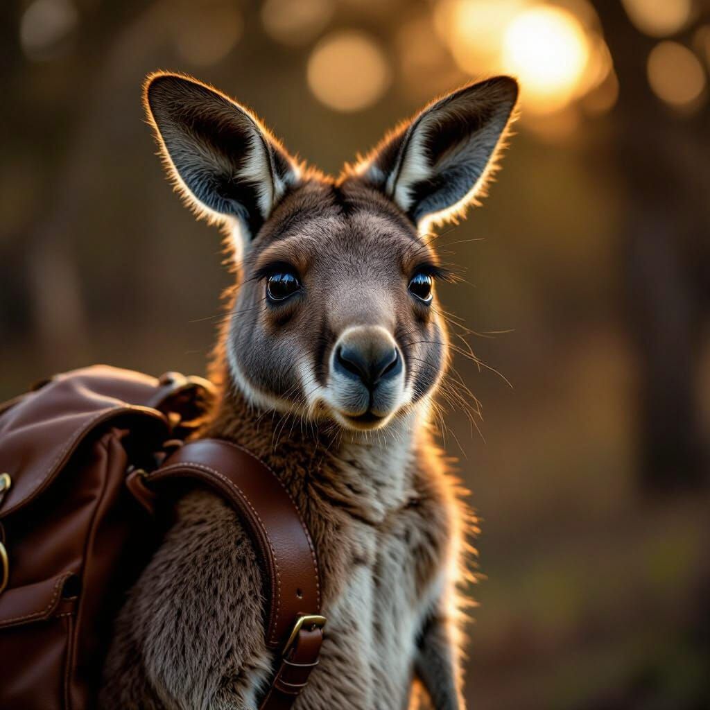 Photorealistic Kangaroo in Leather Backpack