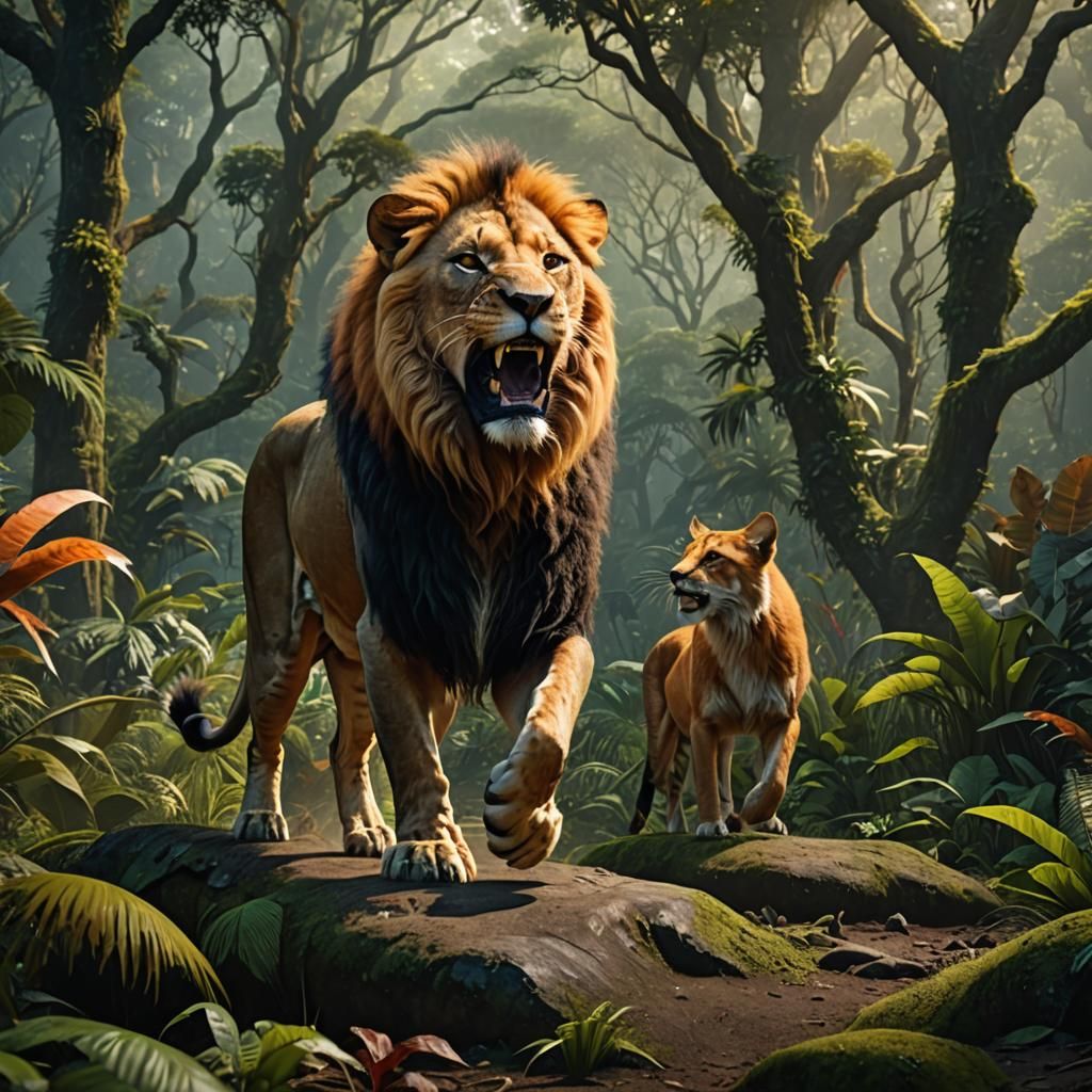Lion Roars with Fox Rider in Rainforest