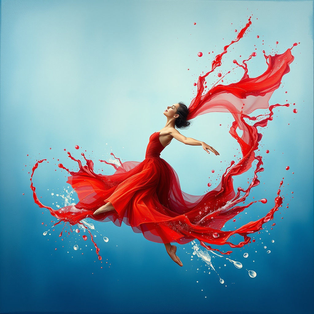 Ballerina in Crimson Tutu with Abstract Water Splashes