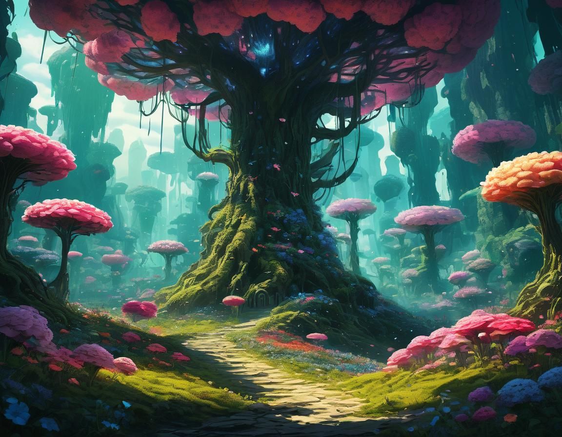 Giant Flower Forest: Fantastical Landscape Illustration