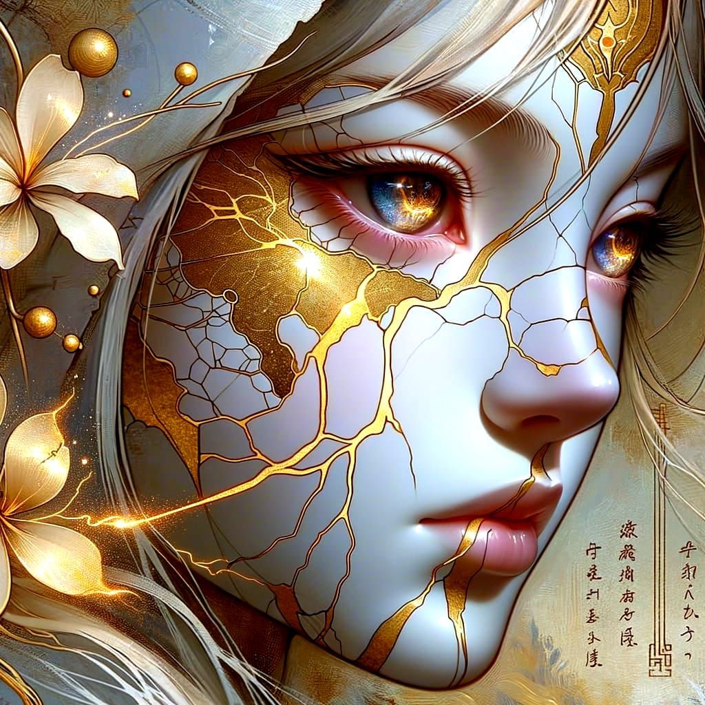 Golden Kintsugi Porcelain Face in Anime Oil Painting Style