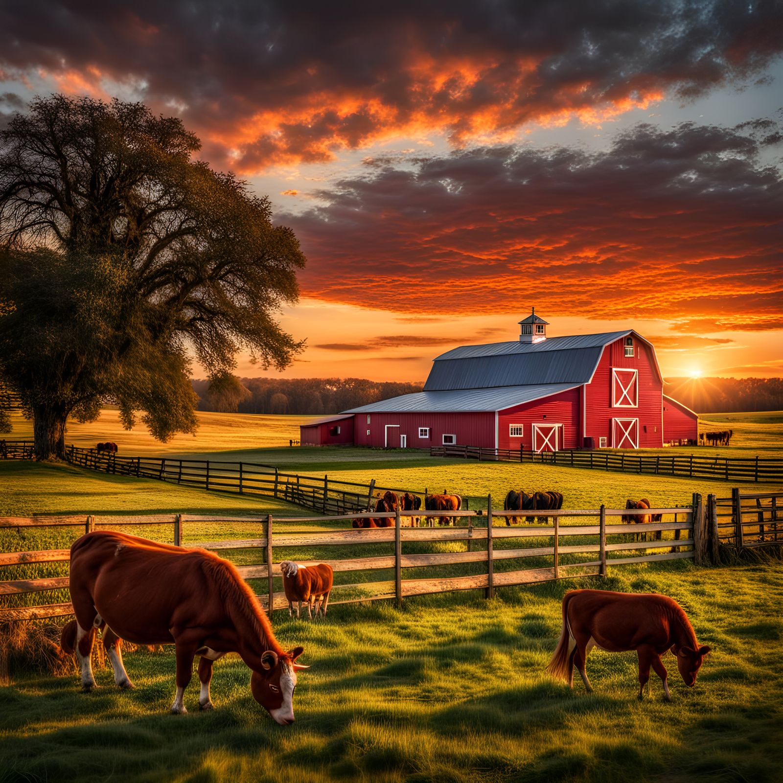 Sunset Farm Scene with Red Barn and Animals