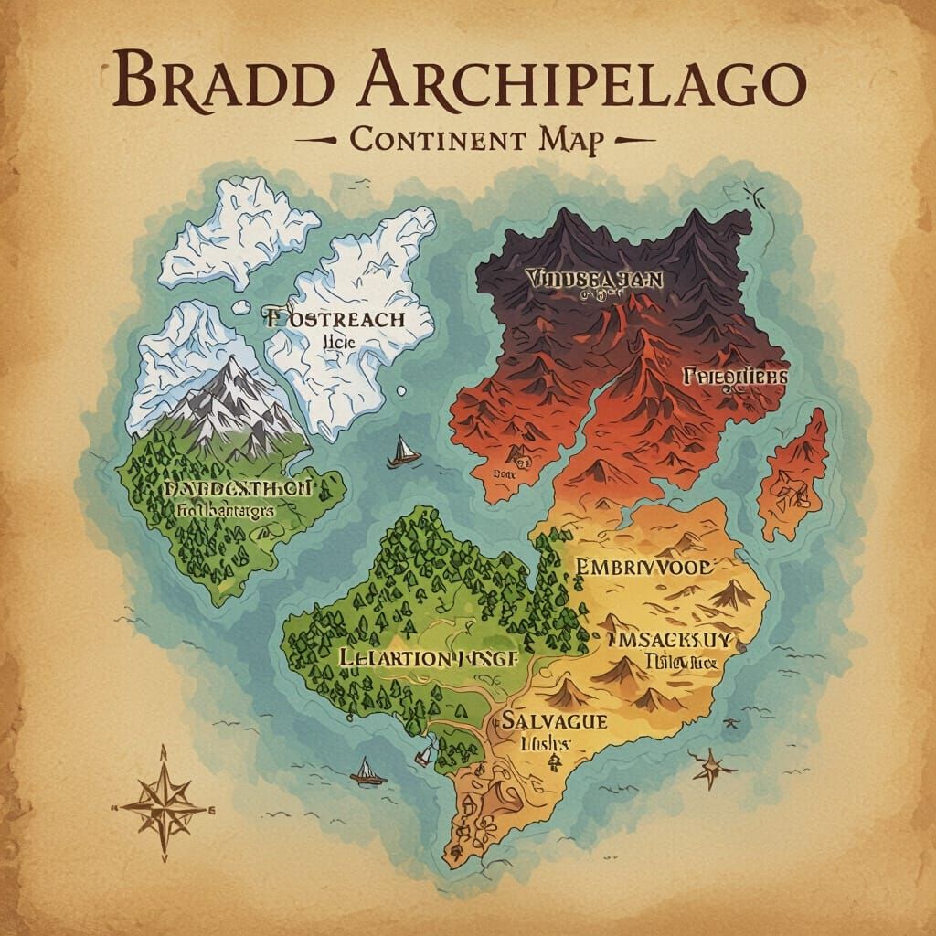 Fantasy Continent Map: Bradd Archipelago on Parchment