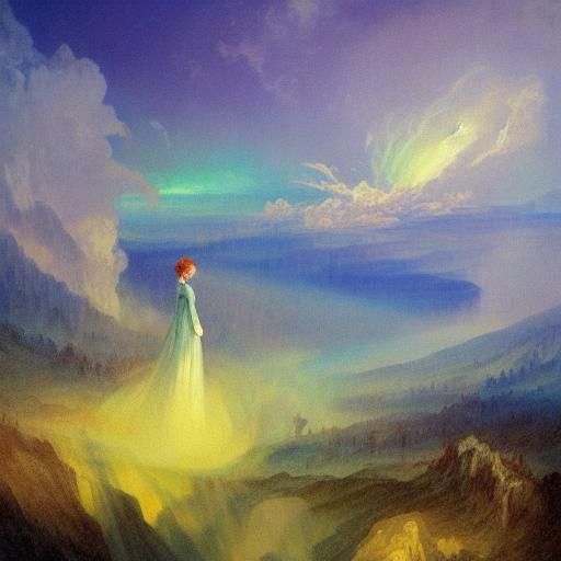 Euphoric Woman on Misty Mountain at Dawn