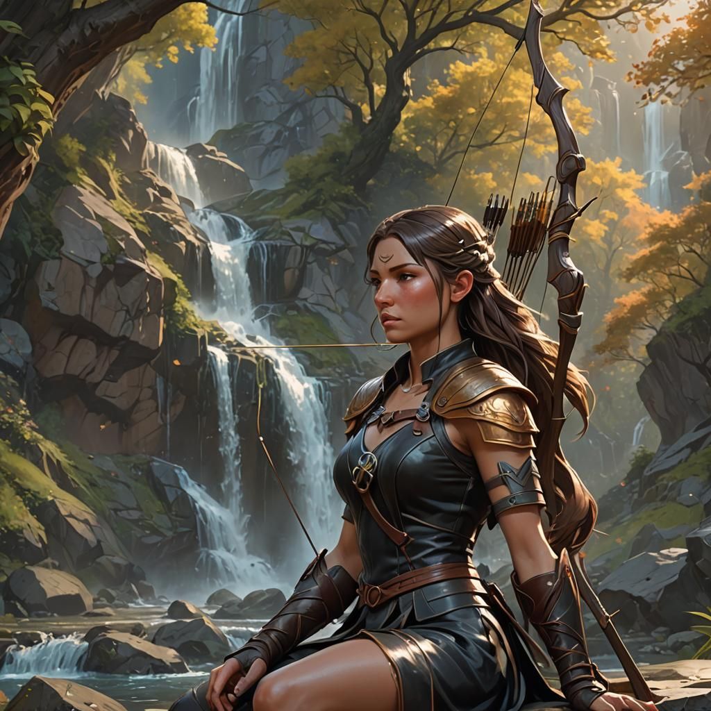Female Archer Portrait with Waterfall Background