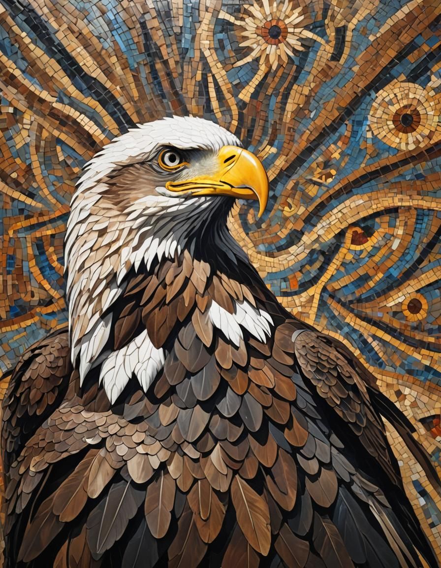 Bald Eagle Portrait in Folk Art Mosaic Style