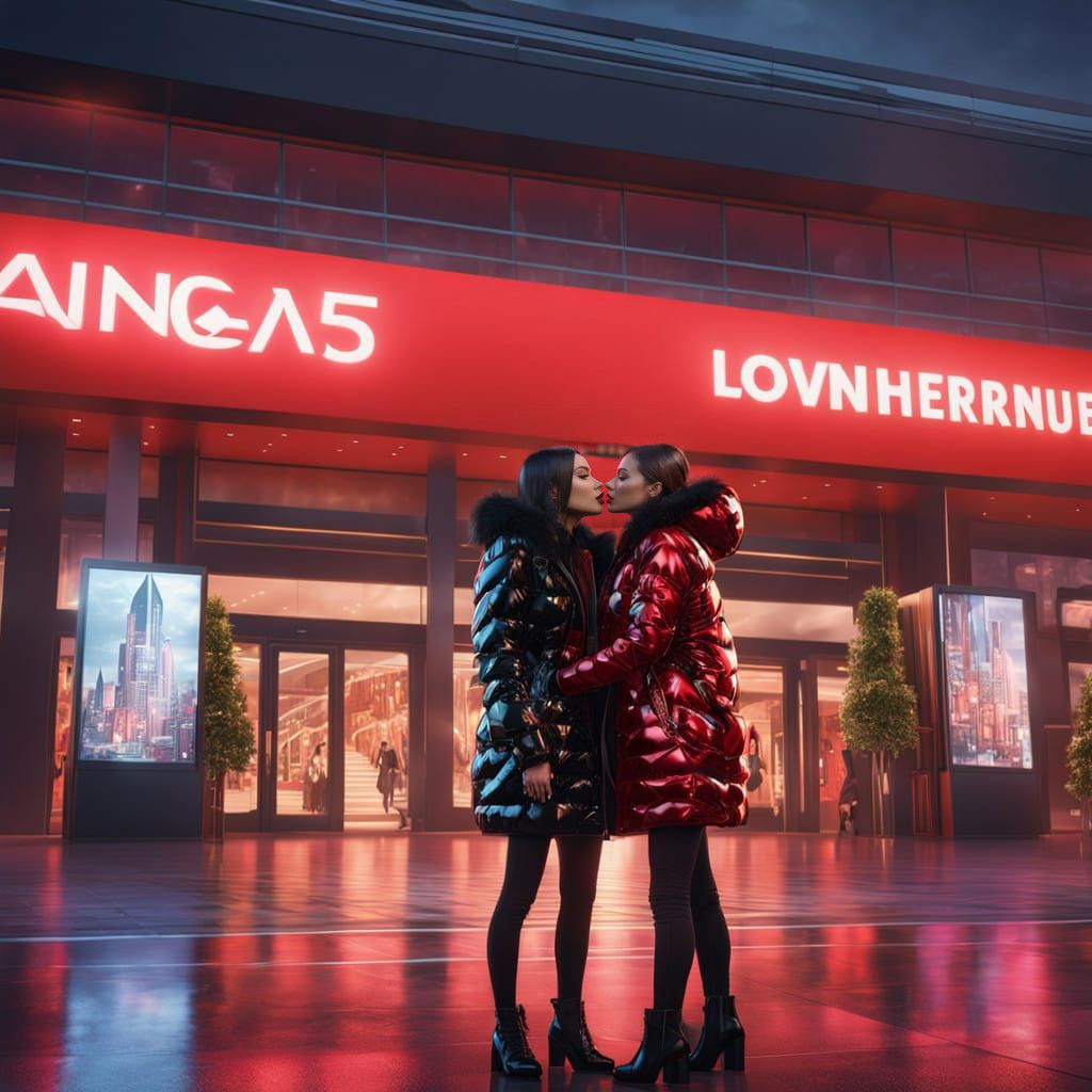 2 women kissing outside a mall, Woman 1 is wearing a black shiny nylon down jacket, woman 2 is wearing a red shiny nylon...