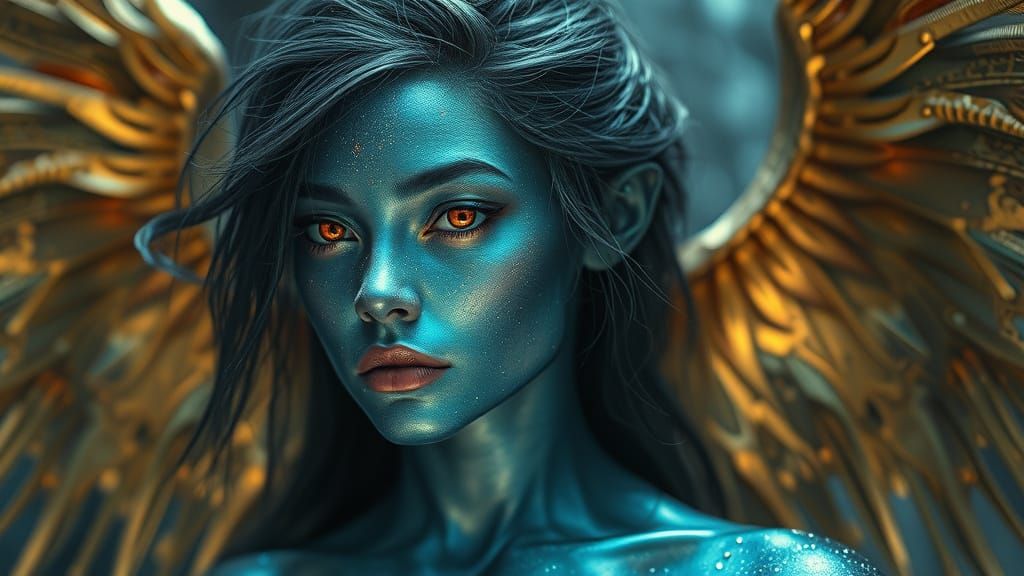 Celestial Alien Being in Metallic Blue and Crimson