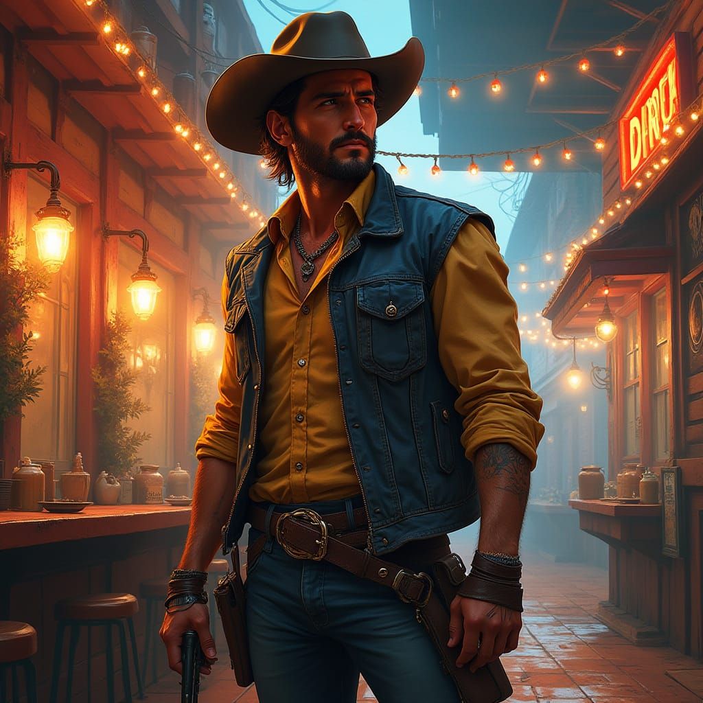 Tough Cowboy in Saloon: Hyperrealistic Splash Art
