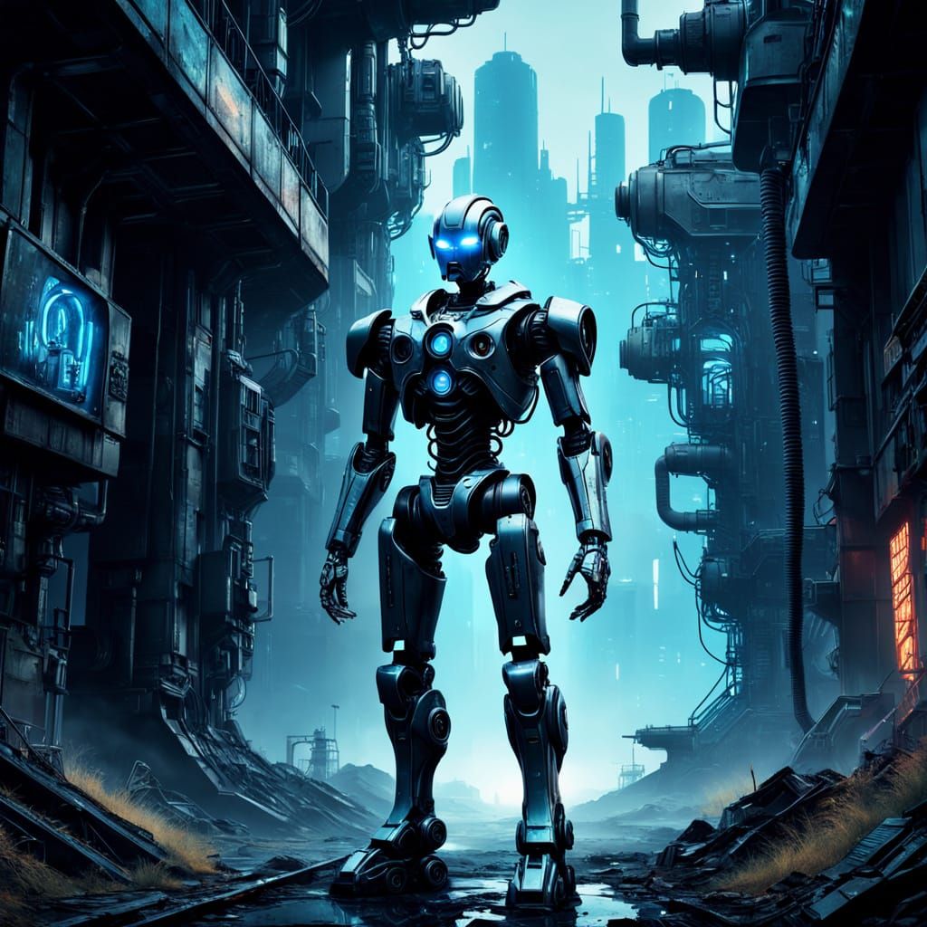 Cybernetic Robot Emerges in a Futuristic Wasteland