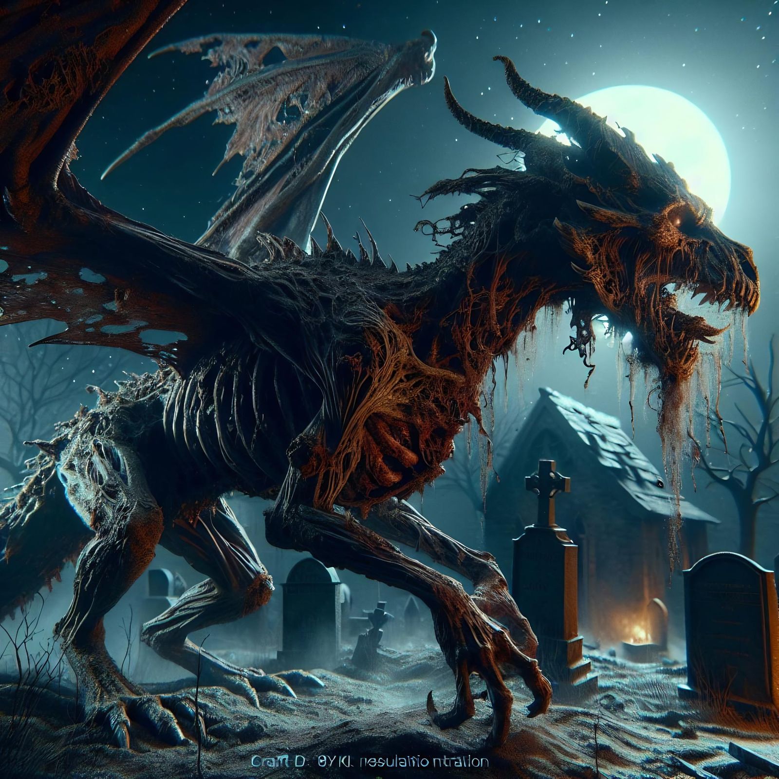 Zombified Dragon in Graveyard: Hyper-Realistic Undead Fantas...