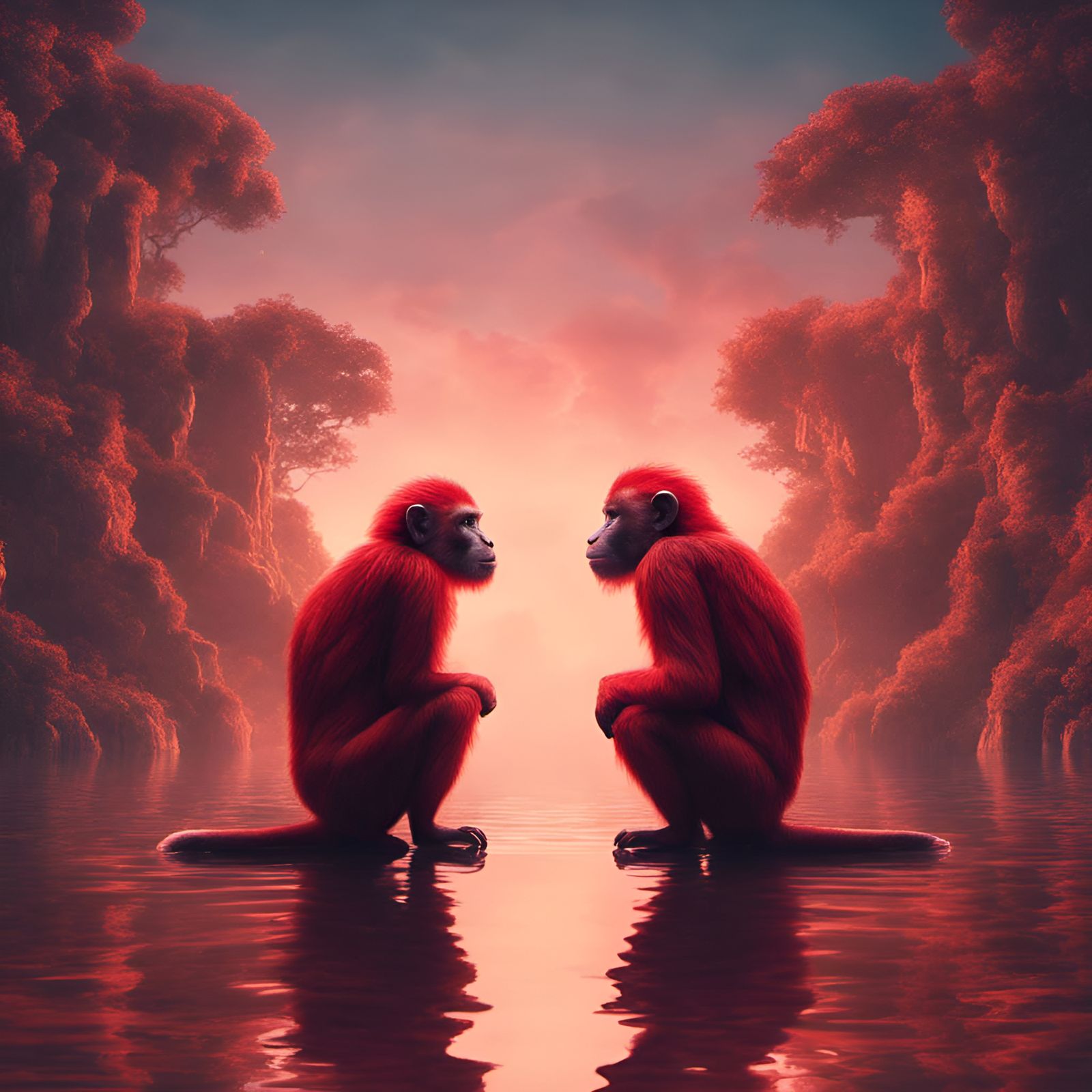Red Monkeys in Infinite Reflections: Fantasy Concept Art