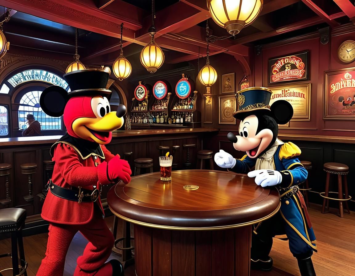 Elmo and Mickey Mouse Duel in Steampunk Bar
