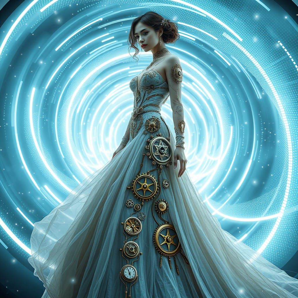 Steampunk Woman in Neo-Futuristic Vortex with Intricate Gear...