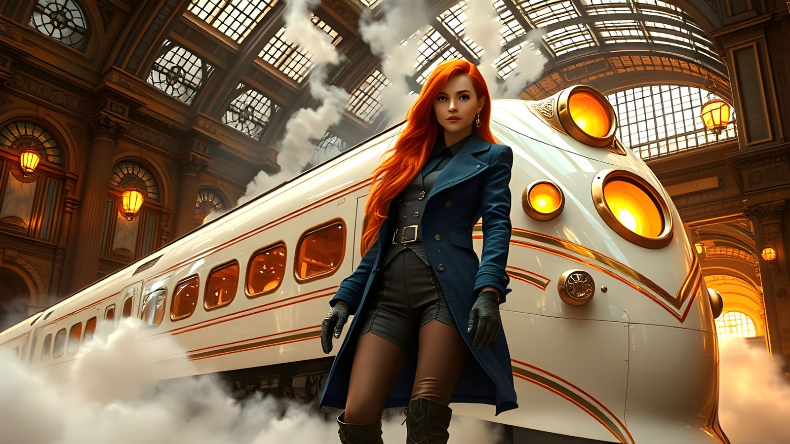 Steampunk Metropolis Train Station with Luxurious Diesel Ele...