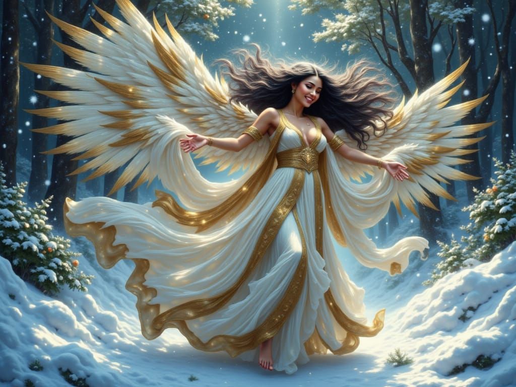 "Inanna in the garden knee deep in snow duing a blizzard, she is spinning around happily huge smile ..."