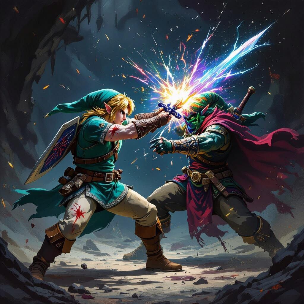 Link Battles Ganondorf in Dark Fantasy Art