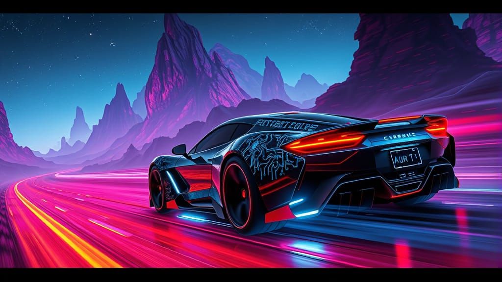 Futuristic Cyber Car Speeds Down Neon Highway