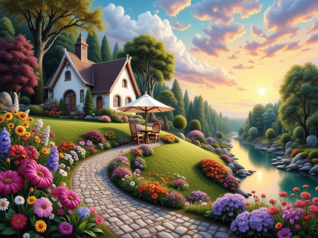 Serene Landscape Digital Painting with Floral Hillside