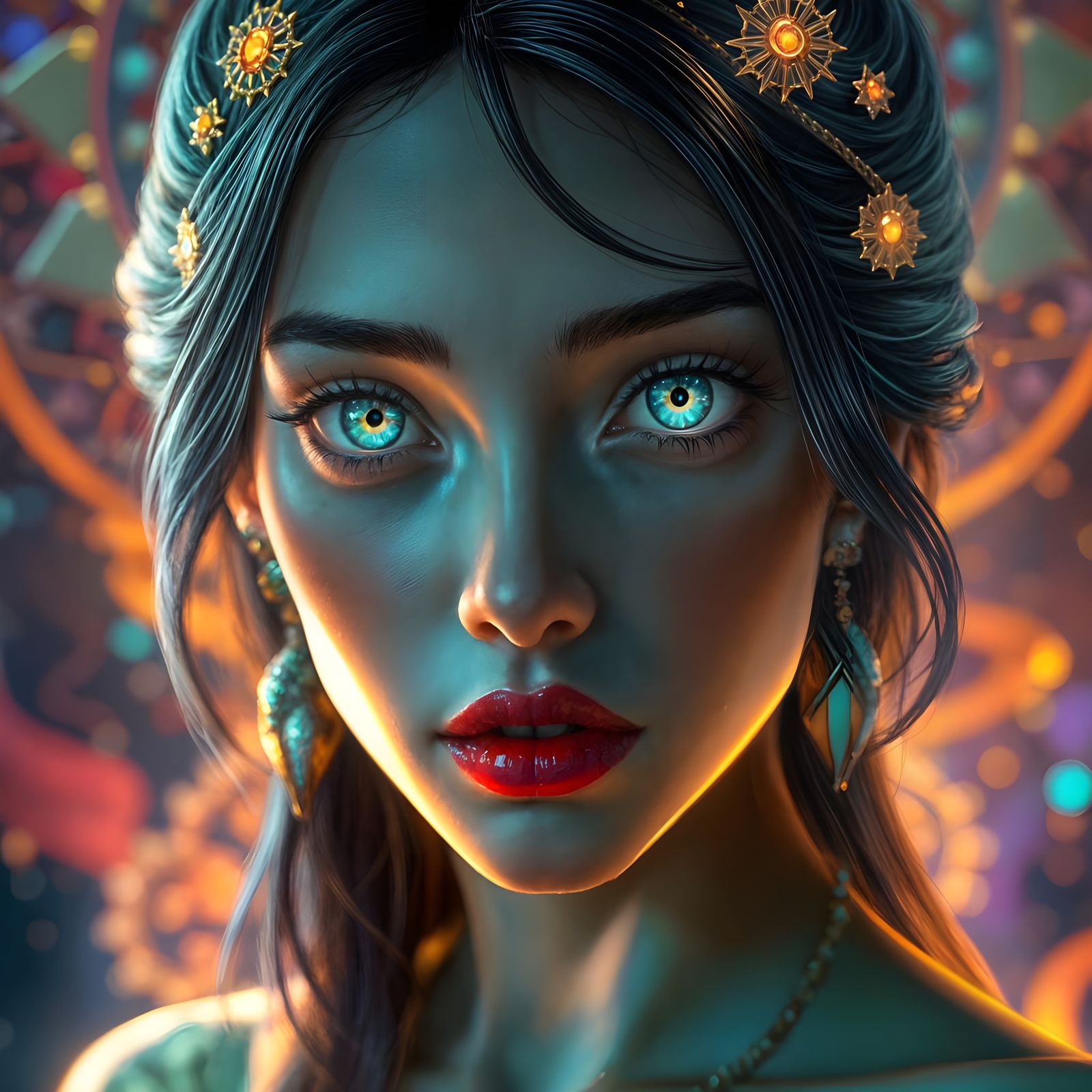 Glowing Cosmic Goddess in Vibrant Hyperrealism