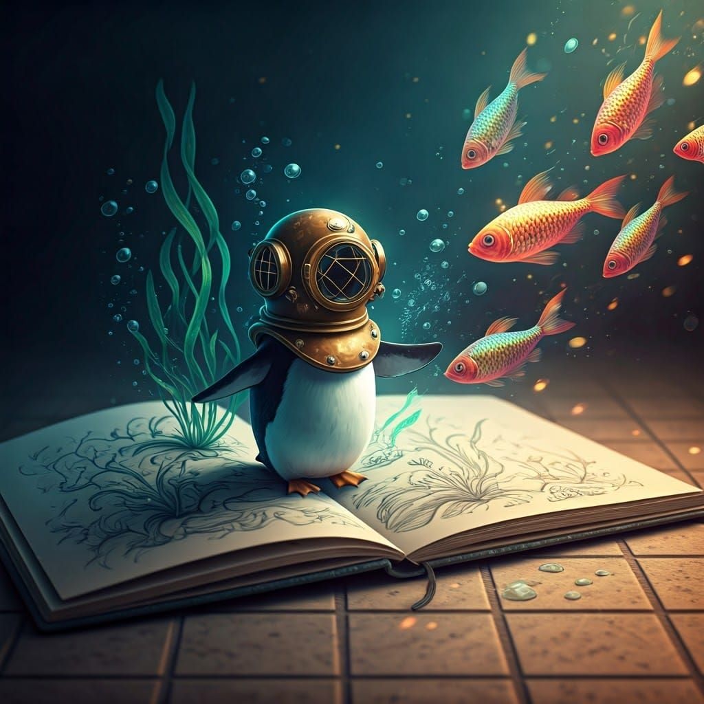 Surreal Pencil Drawing of Penguin Exploring Underwater World
