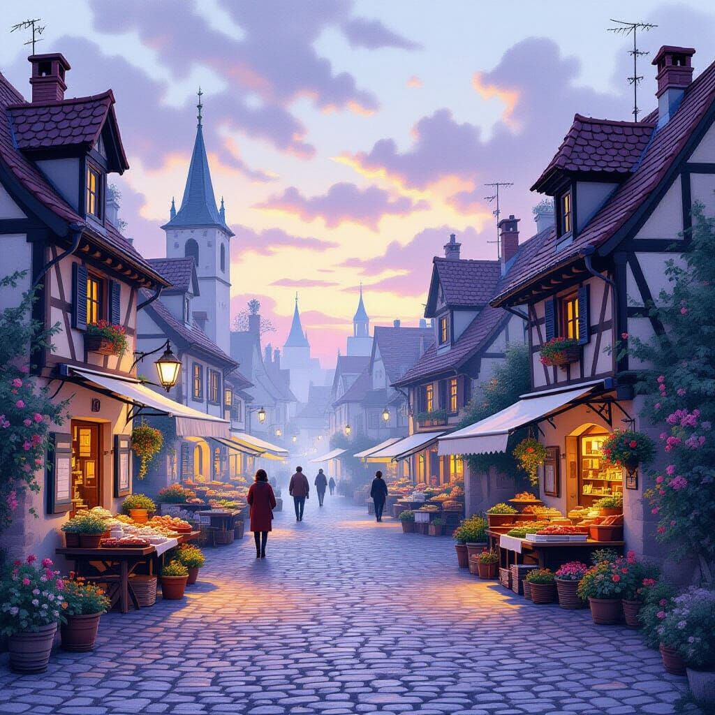 European Village Marketplace at Dawn in Chalk Pastel Style
