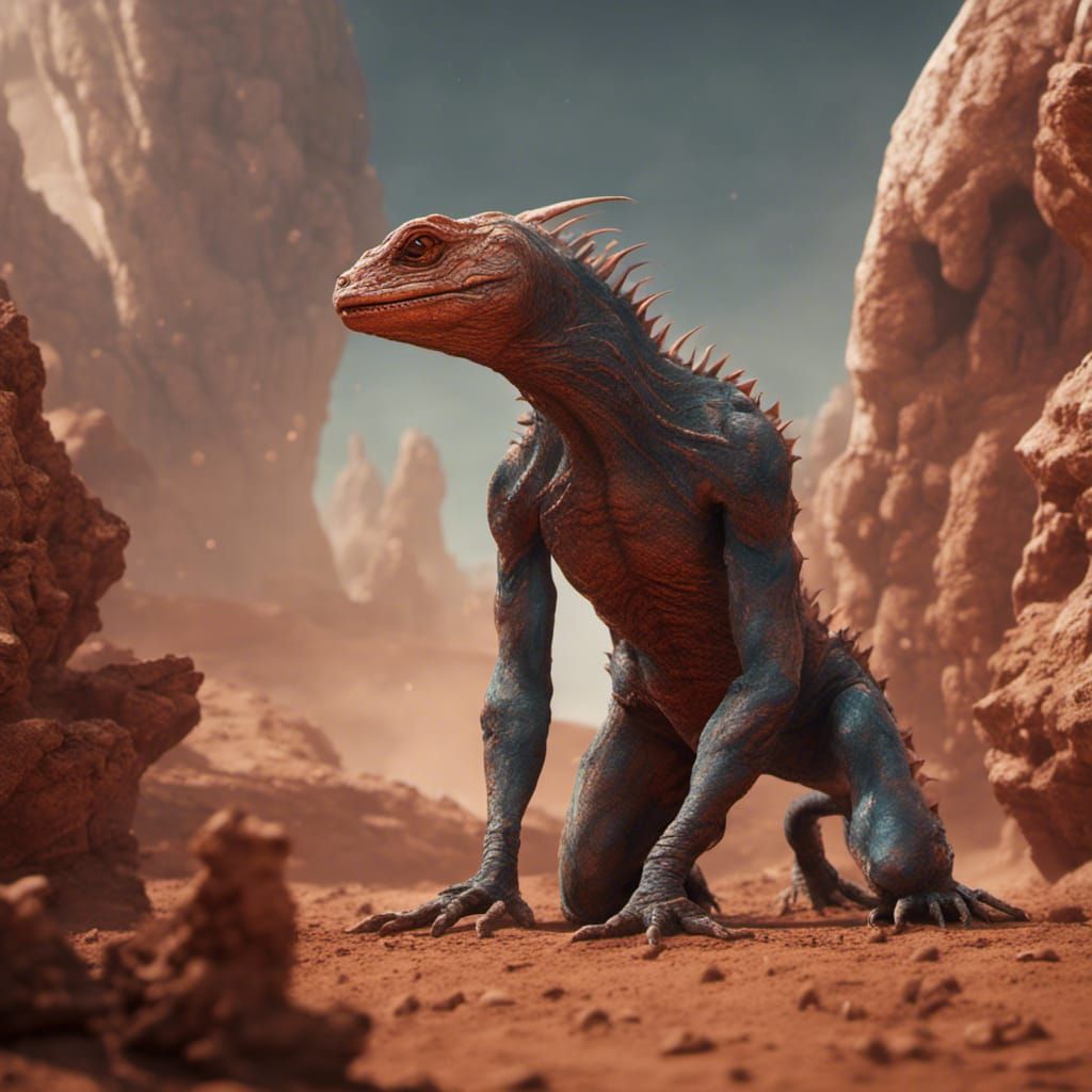 Human Lizard Hybrid on Mars: Detailed Matte Painting